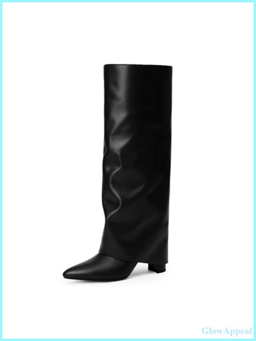Knee High Boots Faux Leather Fold Over Chunky Heel Pointed Toe Tall Boots
